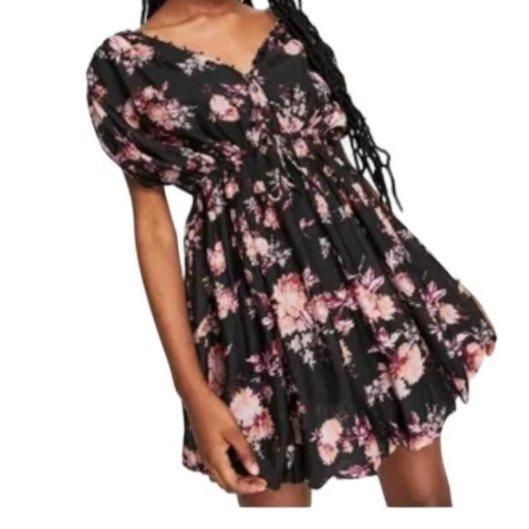 ASOS Dress Womens 14 Black Floral Puff Sleeve Midi Polyester Belted - Picture 3 of 13